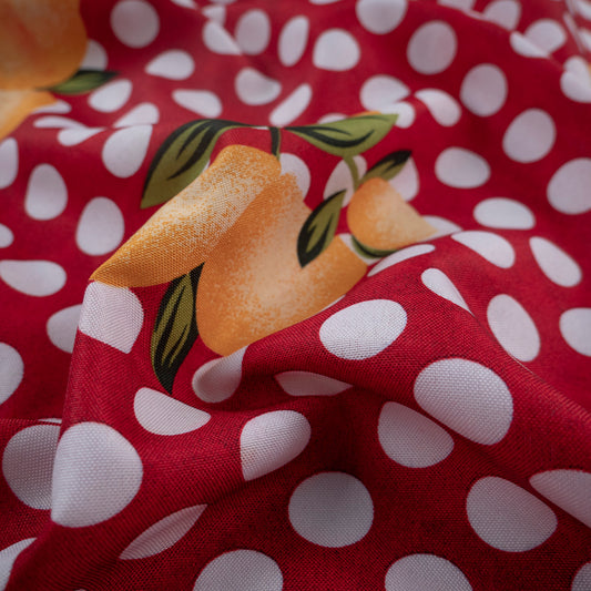 MANTELERIA ESTAMPADA ROJO CARMESI MOTAS Y FRUTAS