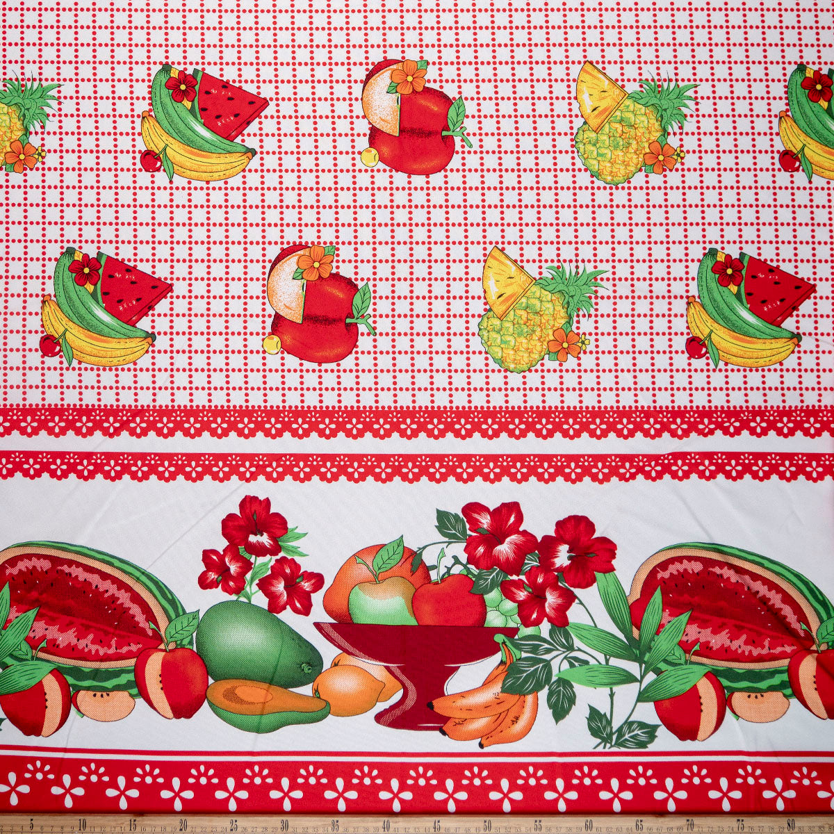 MANTELERIA ESTAMPADA ROJO MARTE CON GUARDAS Y FRUTAS