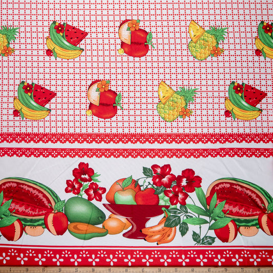 MANTELERIA ESTAMPADA ROJO MARTE CON GUARDAS Y FRUTAS