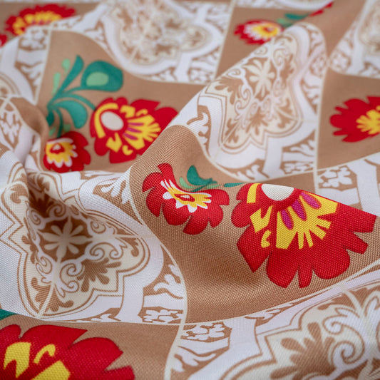 MANTELERIA ESTAMPADA BEIGE BRUSH AZULEJOS Y FLORES