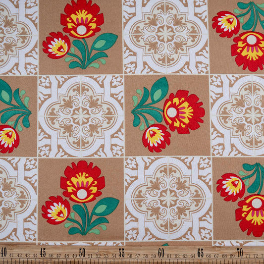 MANTELERIA ESTAMPADA BEIGE BRUSH AZULEJOS Y FLORES