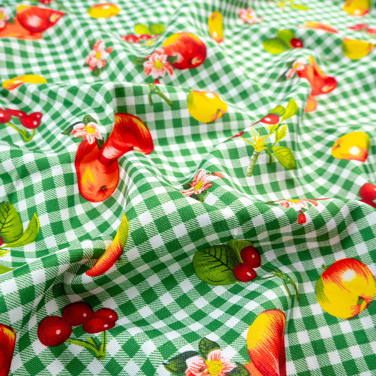 MANTELERIA ESTAMPADA VERDE FRIJOL CUADRILLE CON FRUTAS