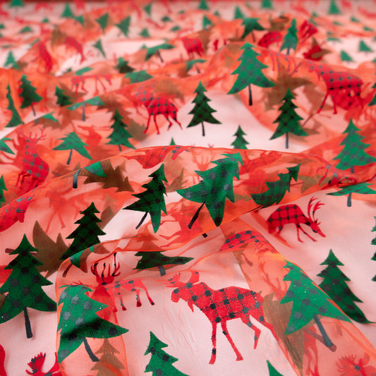 ORGANZA NAVIDAD ROJO CARMESI ARBOL DE PINO Y RENO