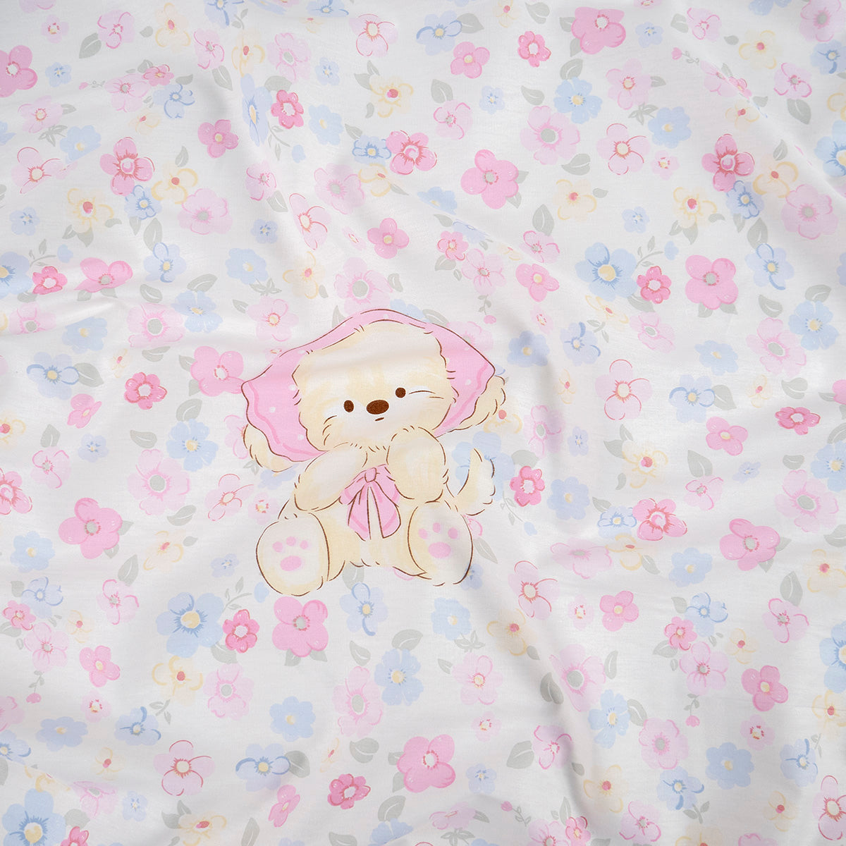 PERCAL 200 HILOS INFANTIL BLANCO BRILLANTE FLORAL CON PERRITOS