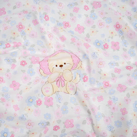 PERCAL 200 HILOS INFANTIL BLANCO BRILLANTE FLORAL CON PERRITOS