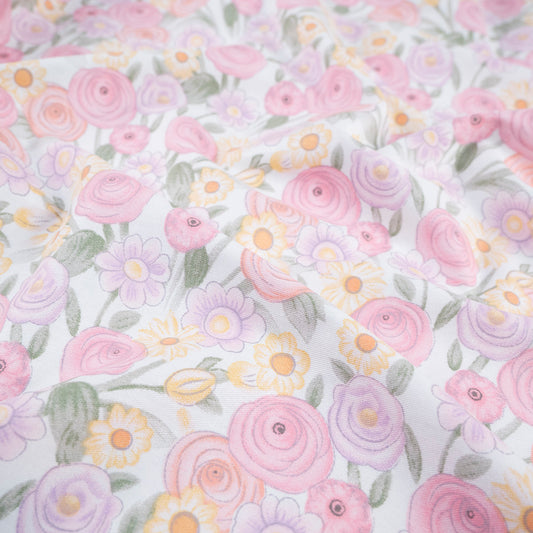 PERCAL 320 HILOS ESTAMPADA BLANCO BRILLANTE FLORES EN PASTELES