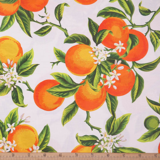 MANTELERIA LINO ESTAMPADO BLANCO BRILLANTE CON NARANJAS