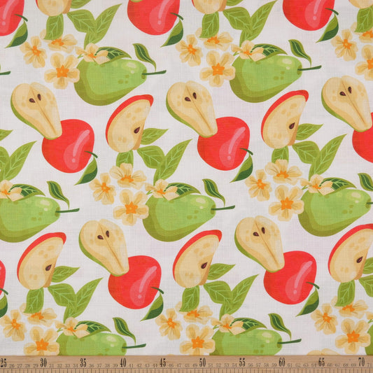 MANTELERIA LINO ESTAMPADO BLANCO BRILLANTE CON PERAS Y MANZANAS