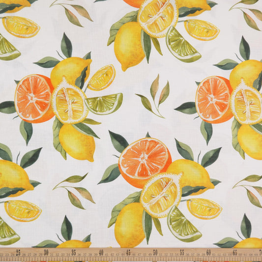 MANTELERIA LINO ESTAMPADO BLANCO BRILLANTE MANDARINAS Y LIMONES