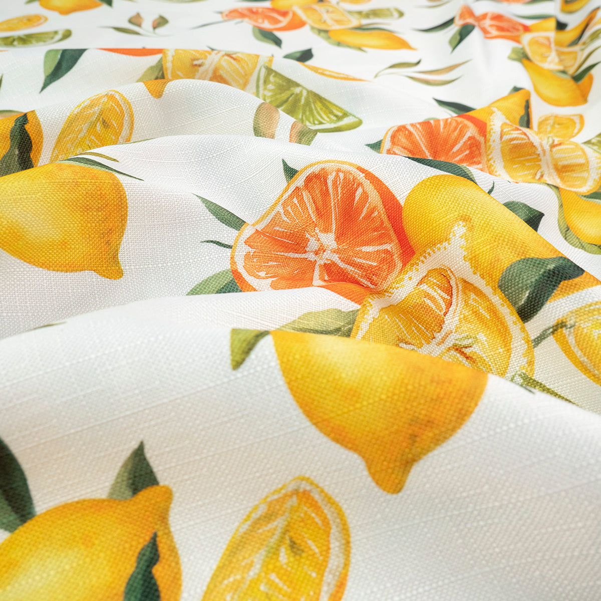 MANTELERIA LINO ESTAMPADO BLANCO BRILLANTE MANDARINAS Y LIMONES