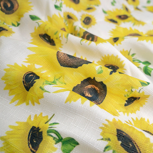 MANTELERIA LINO ESTAMPADO BLANCO BRILLANTE CON GIRASOLES