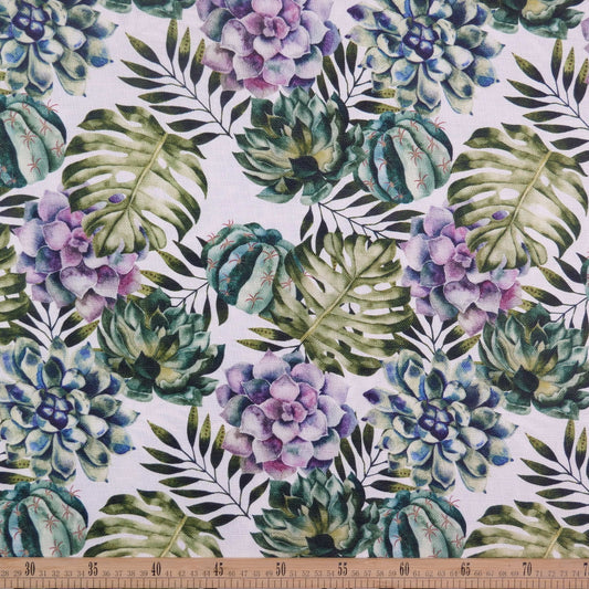 MANTELERIA LINO ESTAMPADO BLANCO BRILLANTE MONSTERA