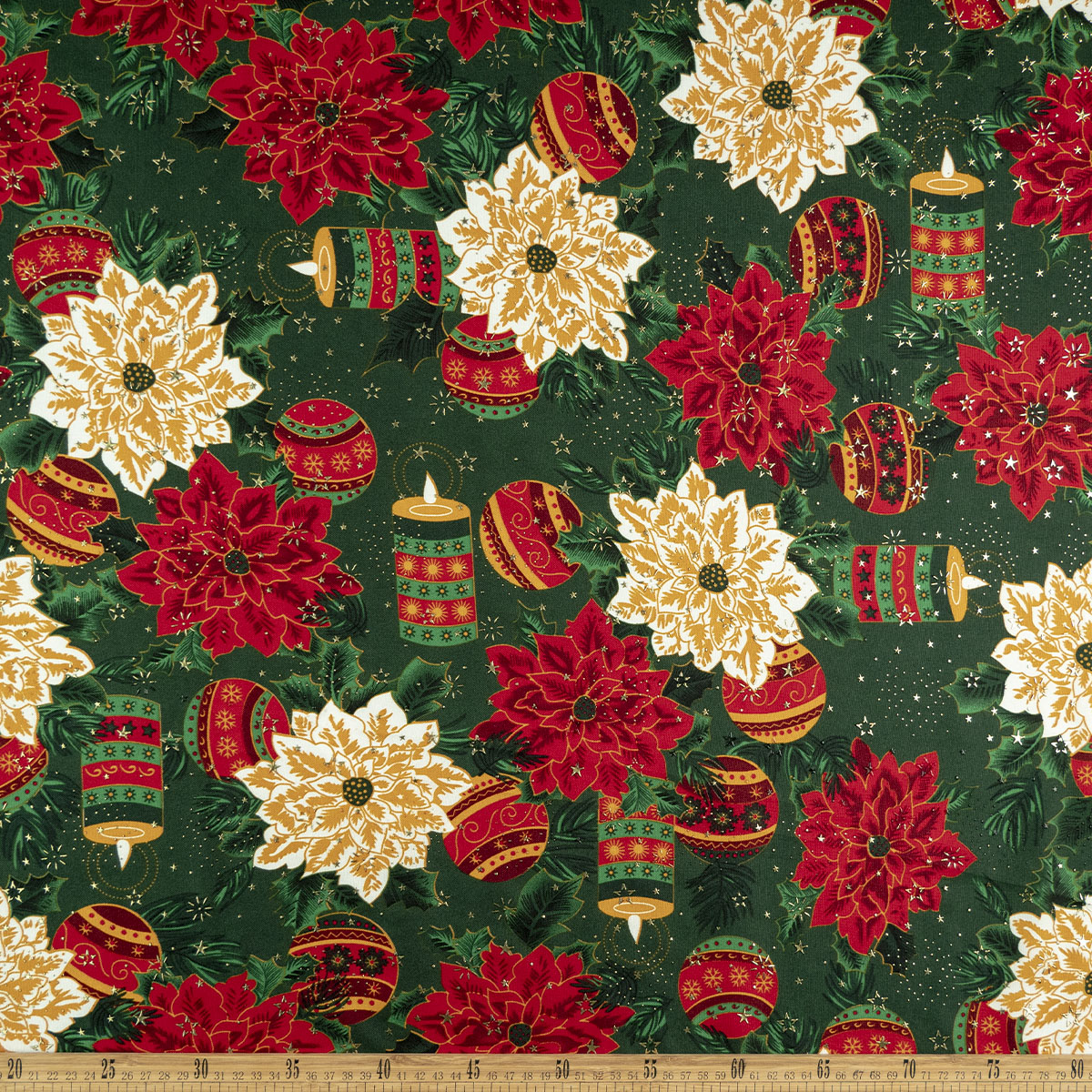 MANTELERIA NAVIDAD ESTRELLITAS VERDE VERDANT POINSETTIA, VELAS Y ESFERAS