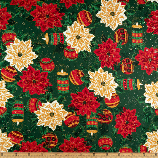 MANTELERIA NAVIDAD ESTRELLITAS VERDE VERDANT POINSETTIA, VELAS Y ESFERAS