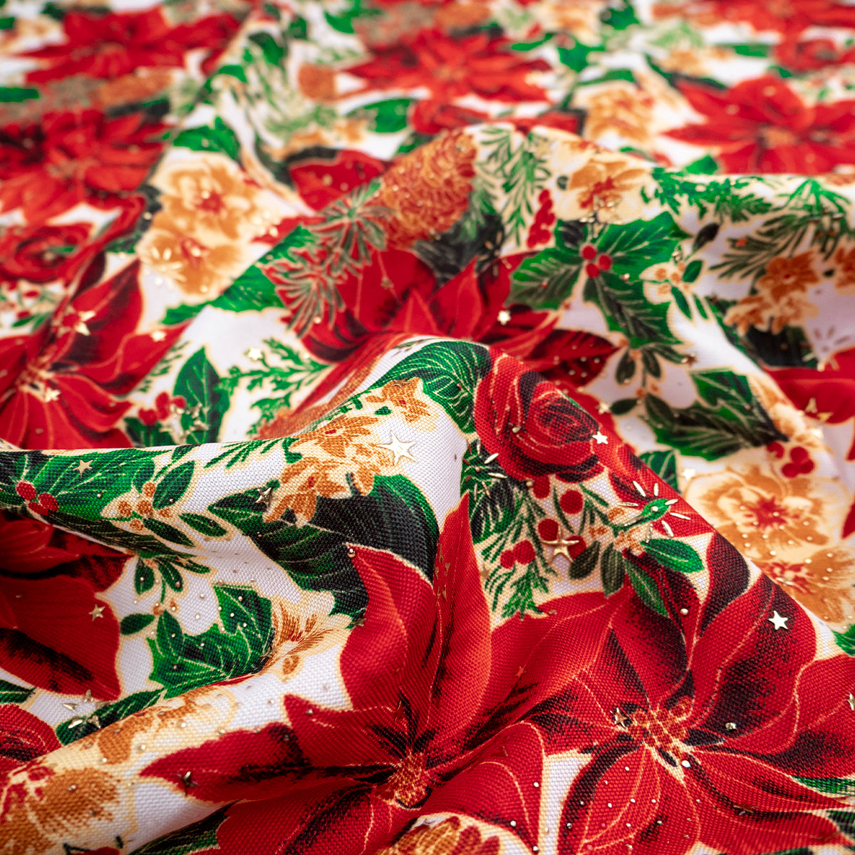 MANTELERIA NAVIDAD ESTRELLITAS BLANCO BRILLANTE POINSETTIA, PINOS Y ROSAS