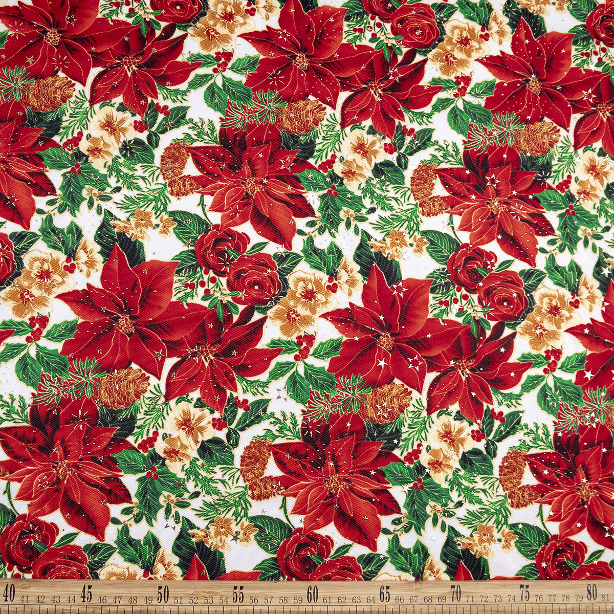 MANTELERIA NAVIDAD ESTRELLITAS BLANCO BRILLANTE POINSETTIA, PINOS Y ROSAS