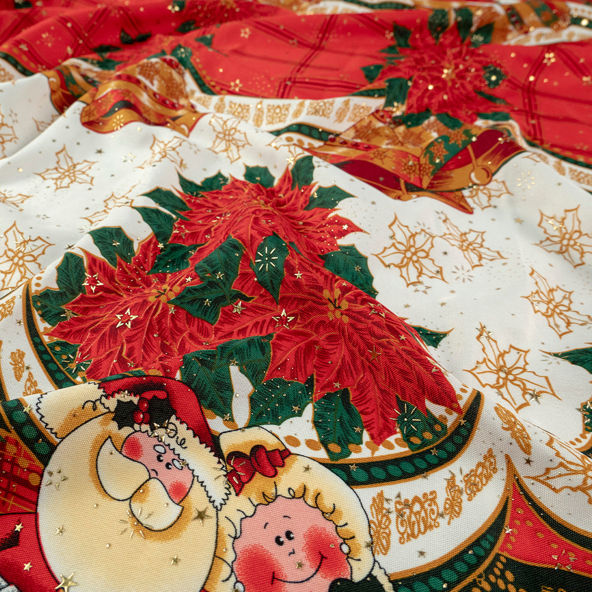 MANTELERIA NAVIDAD ESTRELLITAS ROJO CARMESI MUÑECOS, POINSETTIA Y CAMPANAS