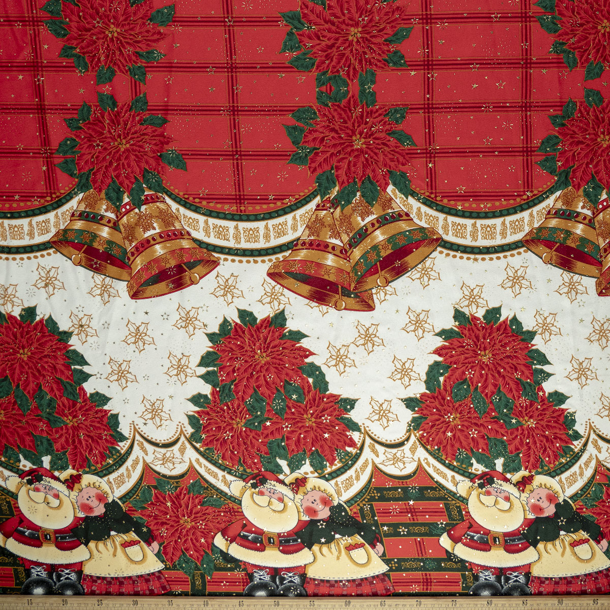MANTELERIA NAVIDAD ESTRELLITAS ROJO CARMESI MUÑECOS, POINSETTIA Y CAMPANAS