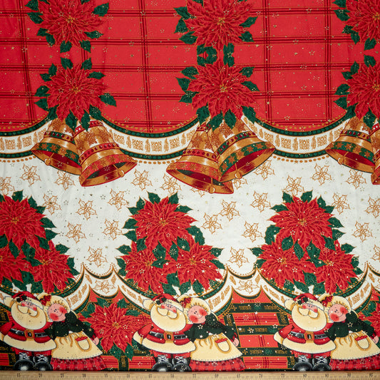 MANTELERIA NAVIDAD ESTRELLITAS ROJO CARMESI MUÑECOS, POINSETTIA Y CAMPANAS