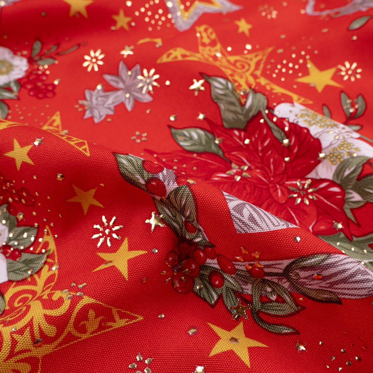MANTELERIA NAVIDAD ESTRELLITAS ROJO CARMESI FLORES Y ESTRELLAS