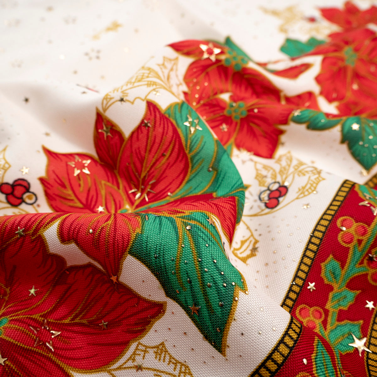 MANTELERIA NAVIDAD ESTRELLITAS VAINILLA CREMA GUARDAS DE POINSETTIA