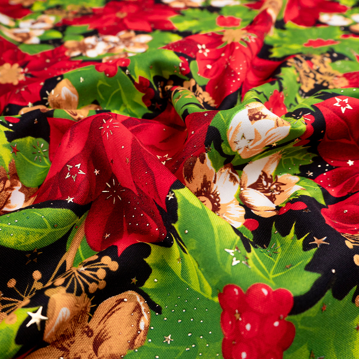 MANTELERIA NAVIDAD ESTRELLITAS NEGRO METEORITO POINSETTIA