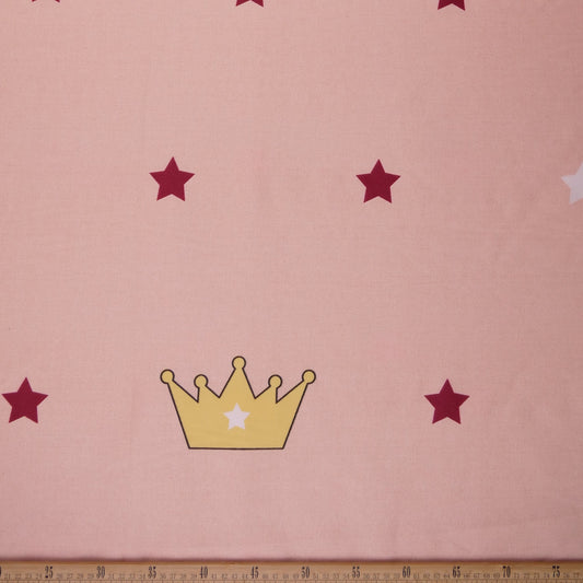 PERCAL ESTAMPADO INFANTIL ROSA RUBOR PALIDO CORONA Y ESTRELLAS