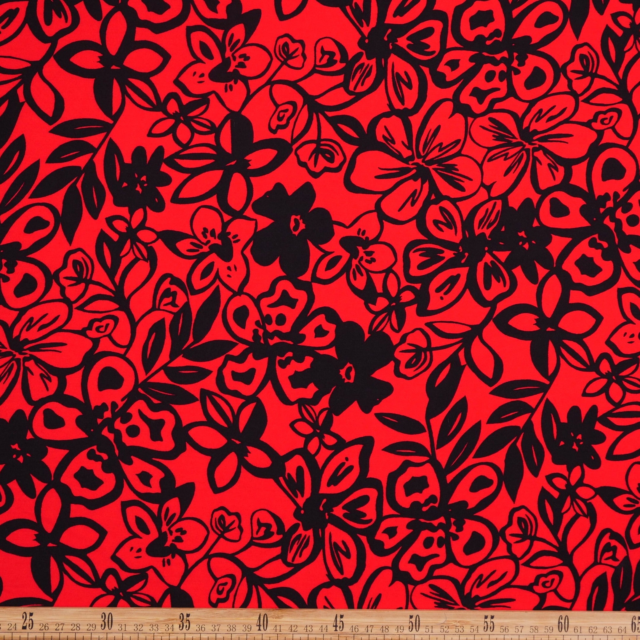 FIBRANA ESTAMPADA ROJO CARMESI FLORES NEGRAS