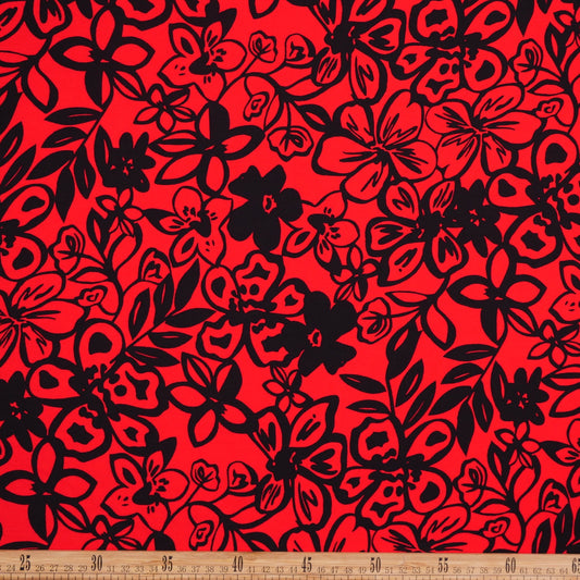 FIBRANA ESTAMPADA ROJO CARMESI FLORES NEGRAS