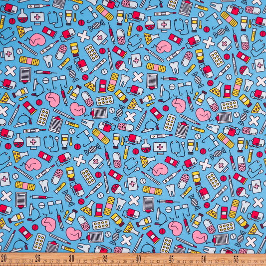 POPLIN TC ESTAMPADO TURQUESA CYAN INSTRUMENTOS MEDICOS