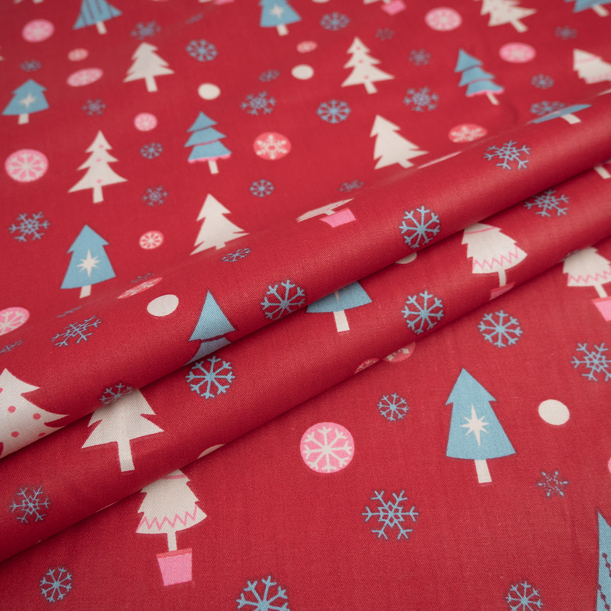 DRIL NAVIDAD ROJO CARMESI PINO Y COPOS DE NIEVE