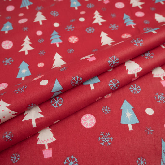 DRIL NAVIDAD ROJO CARMESI PINO Y COPOS DE NIEVE