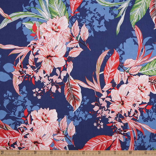FIBRANA NYLON ESTAMPADO AZUL MEDIEVAL HOJAS Y FLORES ROSAS