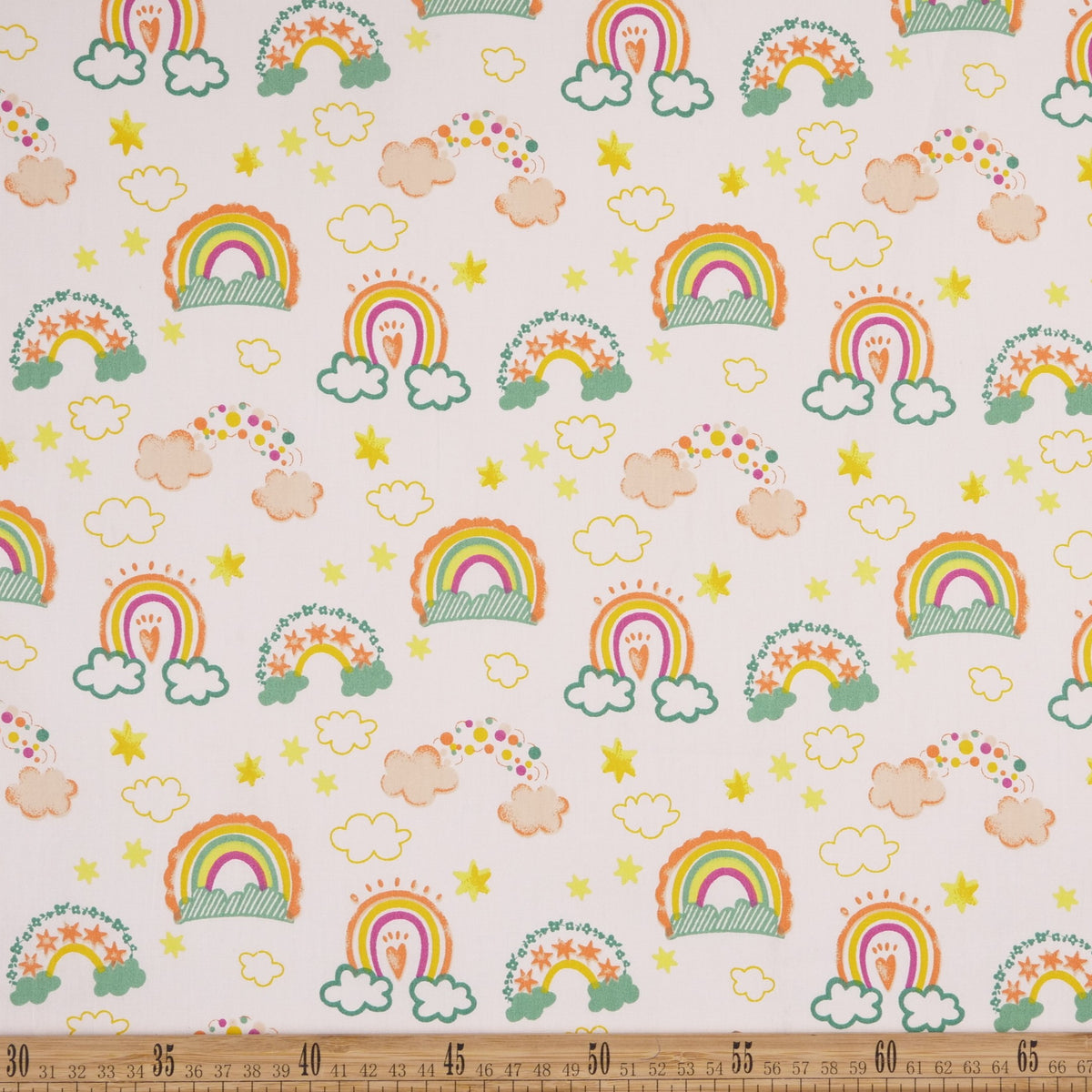 DRIL DACA ESTAMPADO NARANJA BUFF CON NUBES Y ARCO IRIS