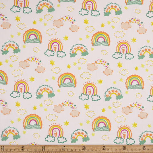 DRIL DACA ESTAMPADO NARANJA BUFF CON NUBES Y ARCO IRIS