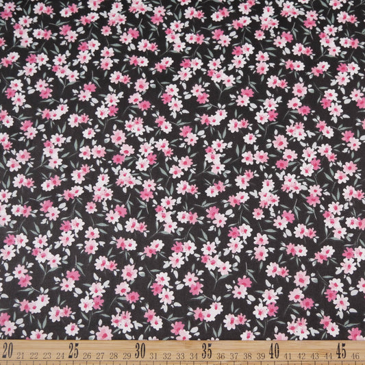 DRIL DACA ESTAMPADO NEGRO METEORITO FLORAL ROSA Y FUCSIA