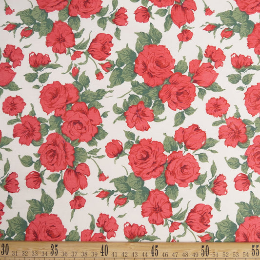 DRIL DACA ESTAMPADO BLANCO BRILLANTE CON ROSAS ROJAS