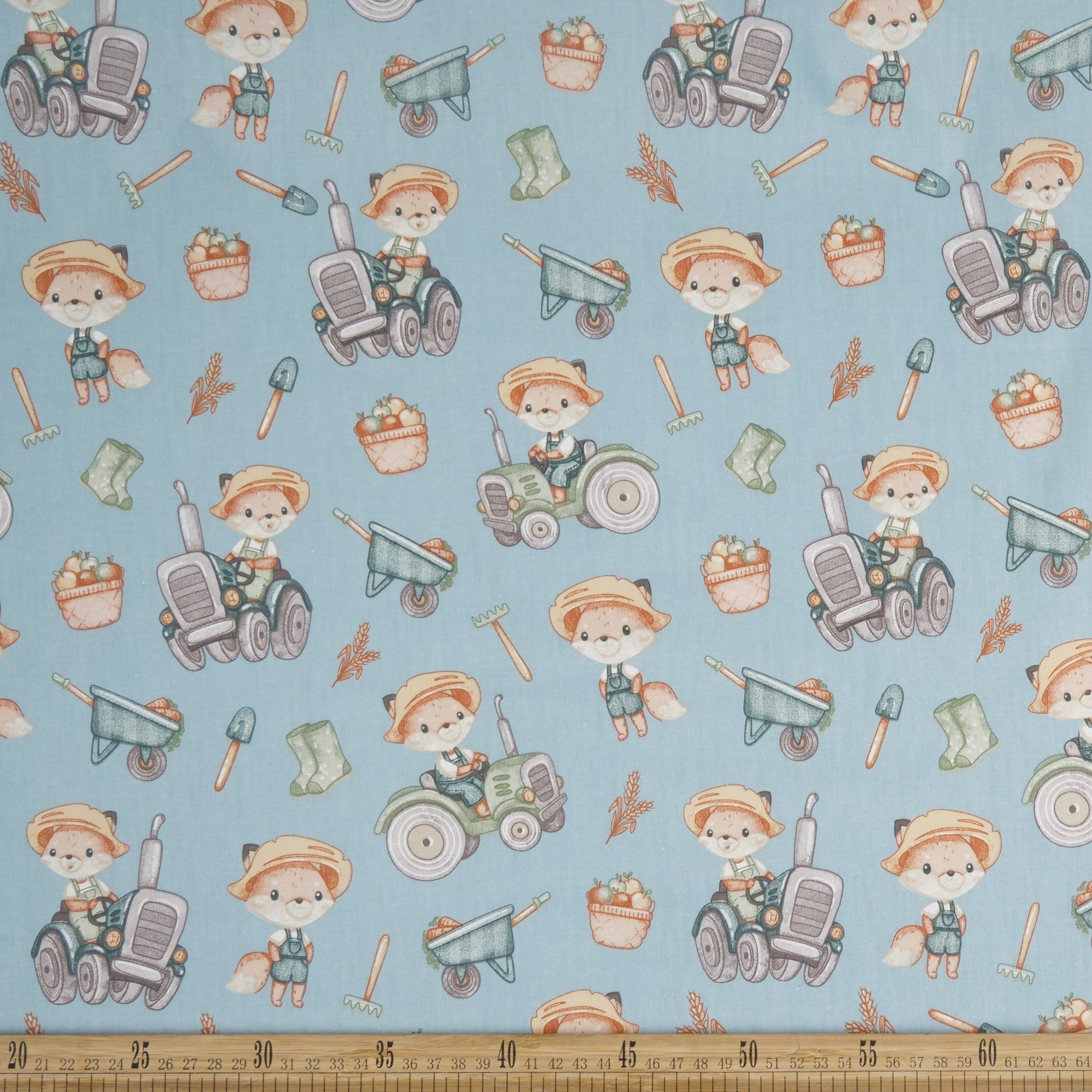 DRIL DACA ESTAMPADO CELESTE AGUA TRACTOR Y ZORRO