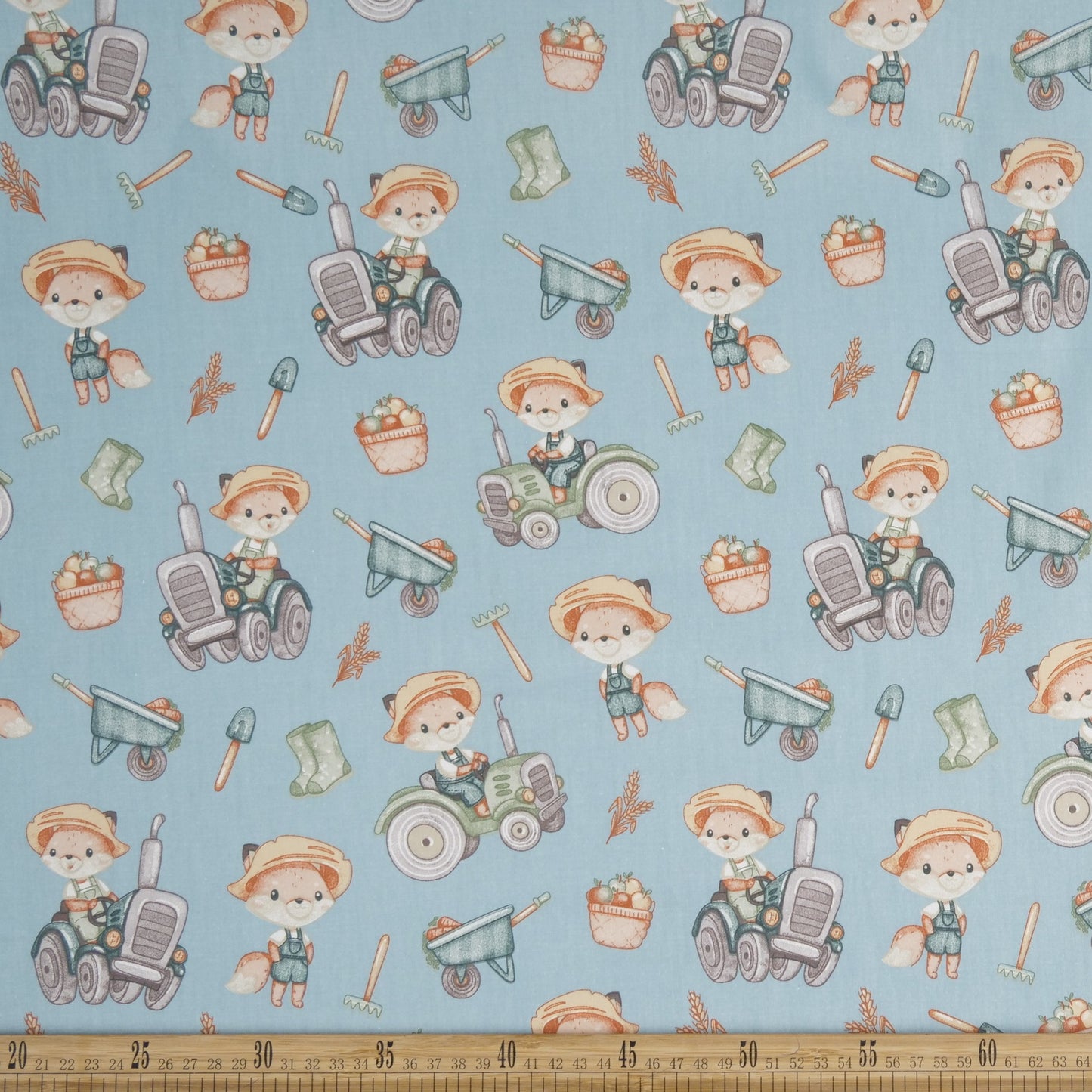 DRIL DACA ESTAMPADO CELESTE AGUA TRACTOR Y ZORRO