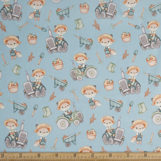 DRIL DACA ESTAMPADO CELESTE AGUA TRACTOR Y ZORRO