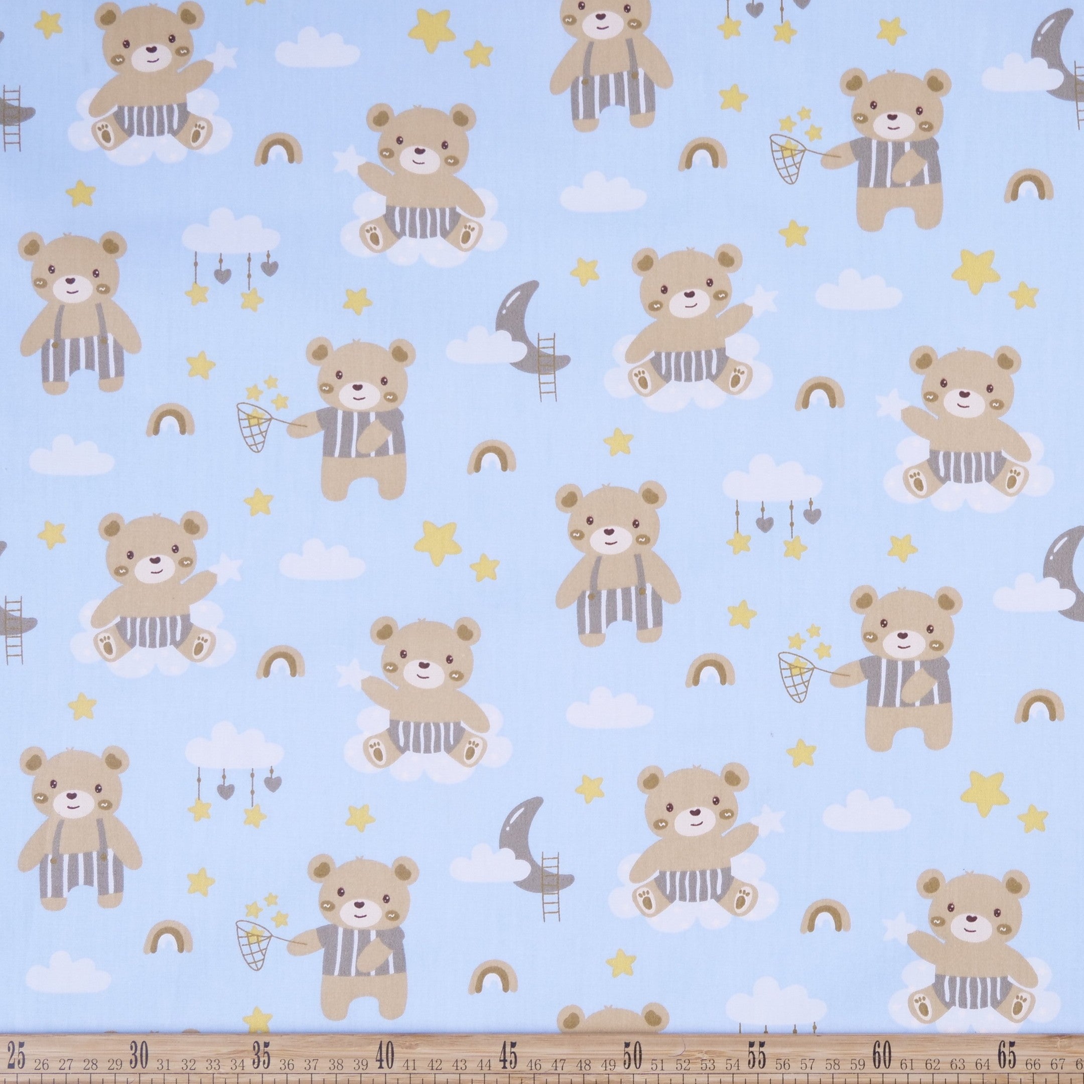 DRIL DACA ESTAMPADO CELESTE CIELO OSITOS,  NUBES, LUNAS Y ARCOIRIS