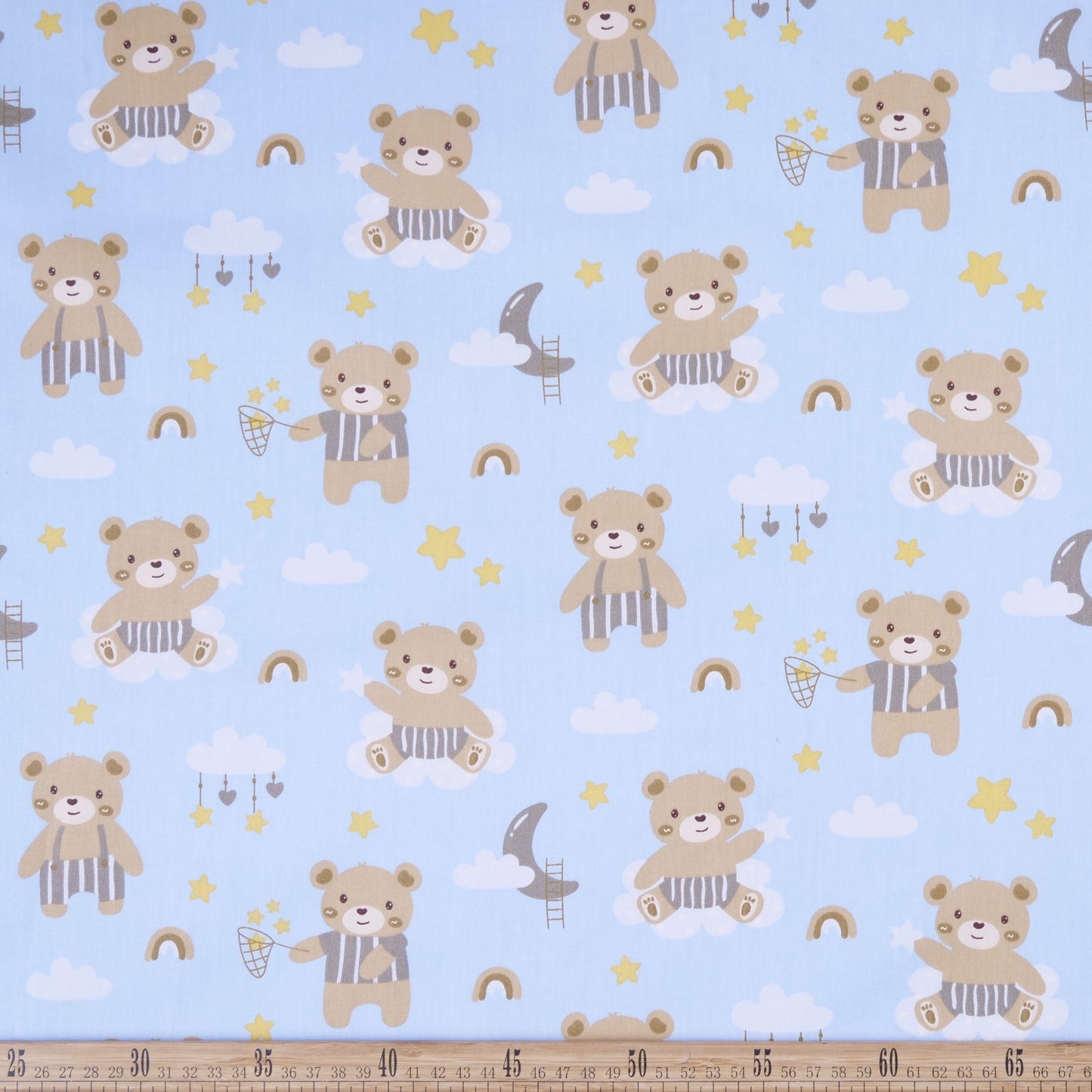 DRIL DACA ESTAMPADO CELESTE CIELO OSITOS,  NUBES, LUNAS Y ARCOIRIS