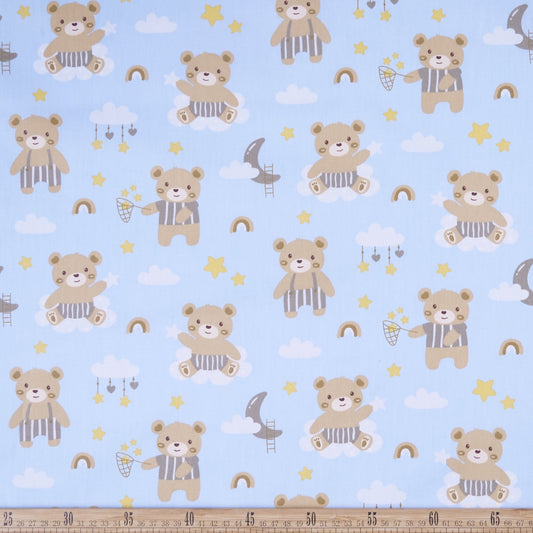 DRIL DACA ESTAMPADO CELESTE CIELO OSITOS,  NUBES, LUNAS Y ARCOIRIS