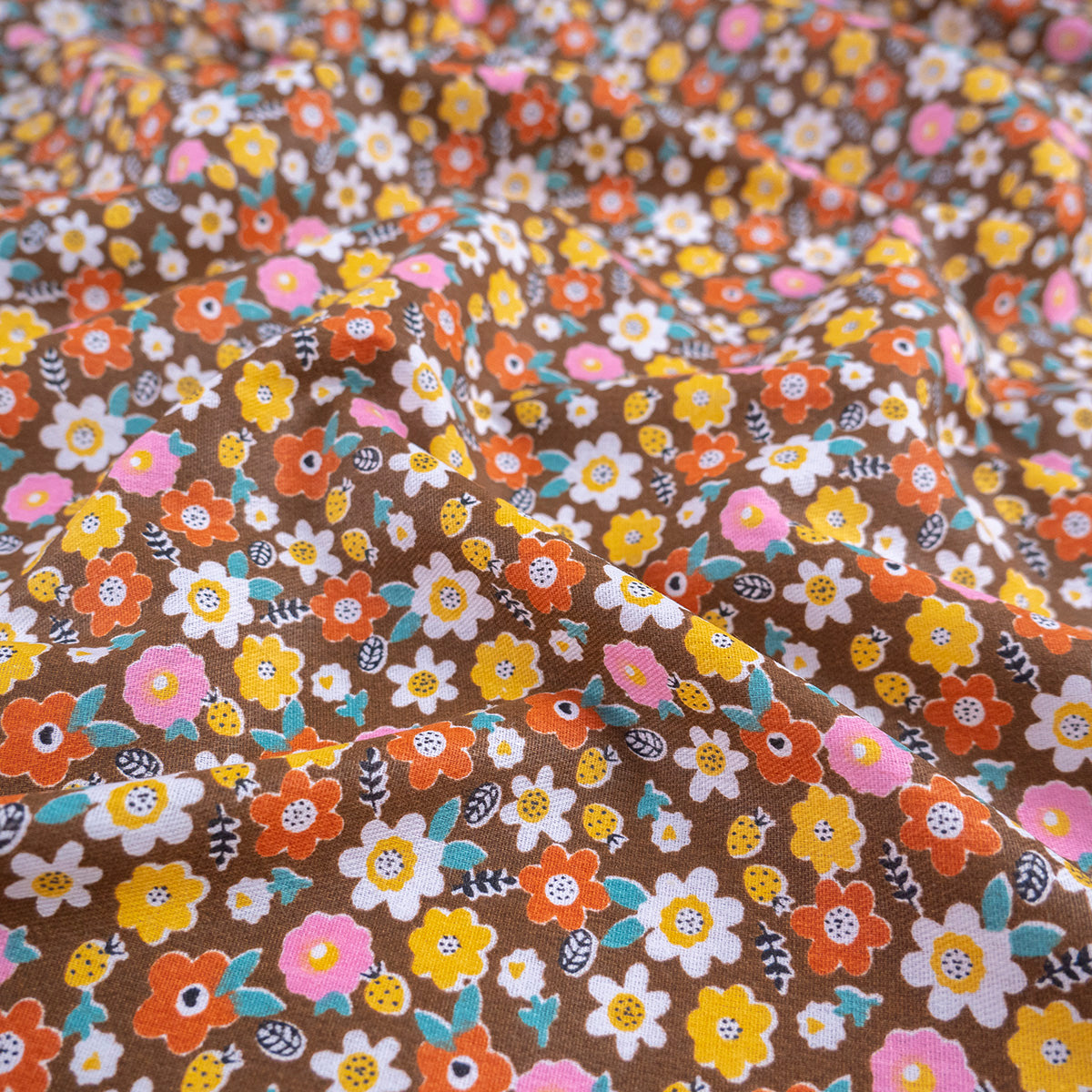 POPLIN DEEP ESTAMPADO MARRON CUERO FLORAL COLORIDO