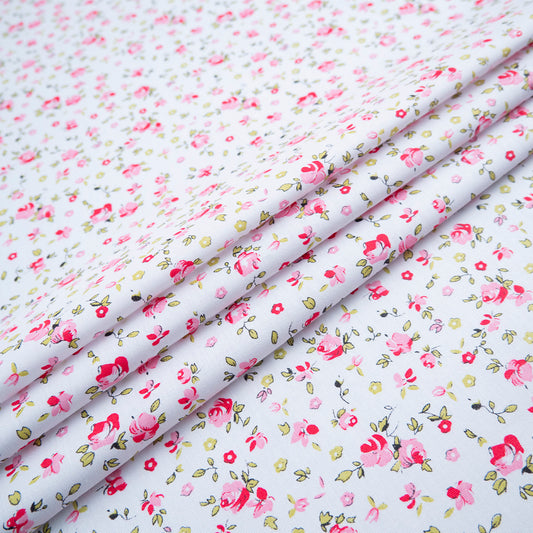 POPLIN DEEP ESTAMPADO BLANCO BRILLANTE FLORES ROSAS Y HOJA VERDES