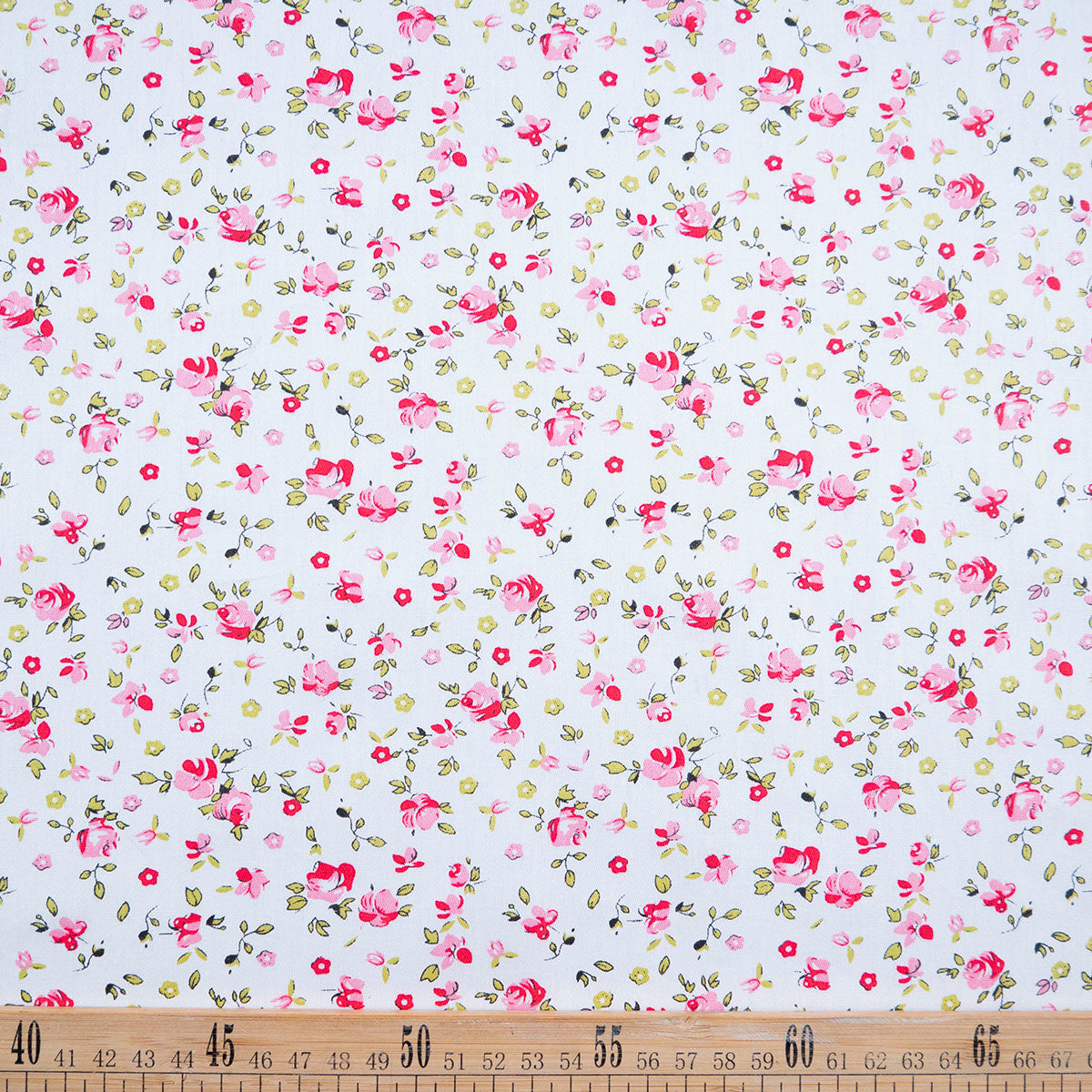 POPLIN DEEP ESTAMPADO BLANCO BRILLANTE FLORES ROSAS Y HOJA VERDES