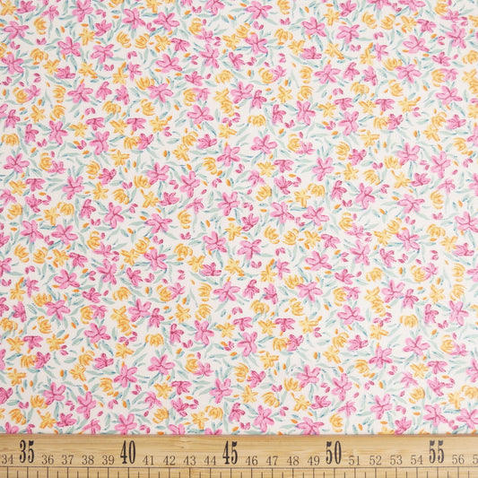 POPLIN DEEP ESTAMPADO BLANCO BRILLANTE CON FLORES ROSAS Y AMARILLAS