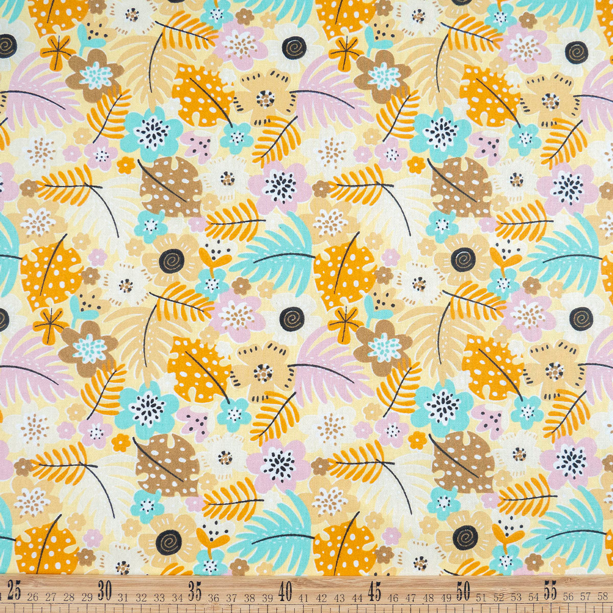 POPLIN DEEP ESTAMPADO AMARILLO PASTEL HOJAS Y FLORES