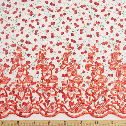 BATISTA ESTAMPADO BORDADO BLANCO BRILLANTE FLORES ROJAS