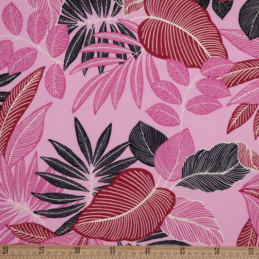 FIBRANA LINO ESTAMPADO ROSA SHOCKING CON HOJAS COLORIDAS